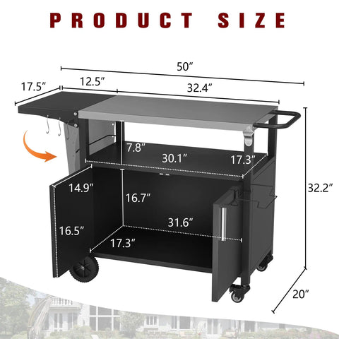 Outdoor Grill Cart With Large Storage And Foldable Stainless Steel Top Wheels And Towel Rack Bottle Opener Trash Rack 6 S Hooks