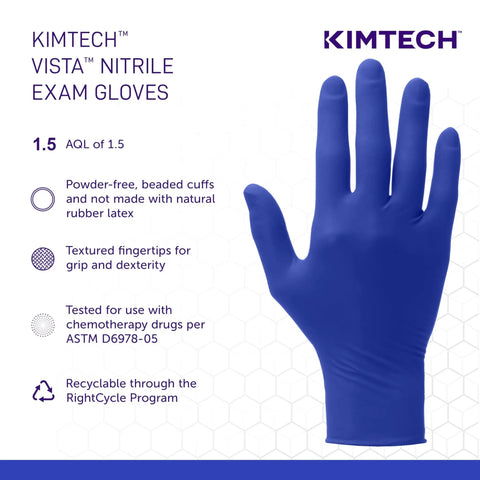 Powder-free Kimtech nitrile gloves with textured fingertips and beaded cuffs, 1.5 AQL, shown for superior grip and dexterity.