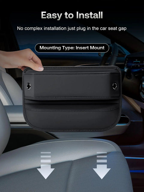 Premium Leather Car Seat Gap Filler Organizer With Flexible Anti Drop Edge And Smart Compartment Design secures items between seats.