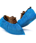 Blue Disposable Shoe Covers For Indoor Use Pack Of 200 With 100 Pairs, Waterproof CPE Booties over brown shoes