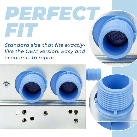 Washer Water Inlet Valve 285805 Replacement For Whirlpool Kenmore Maytag Frigidaire showing dual outlets and fit details