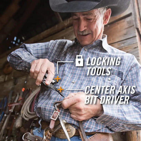 Man using All-In-One Center-Drive Multitool Kit With 16-Piece Tool Set And 12-Piece Bit Set, knife, pliers, wire cutters, bottle opener