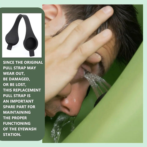 Emergency Eye Wash Station Pull Strap Replacement Black Dust Cover in use during emergency eyewash station operation