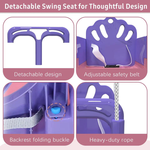 Foldable Toddler Swing Set For Indoor And Outdoor Play, Adjustable Seat Heights To Grow With Your Child, Safe And Durable Backyard Swing In Pink For Babies To Preschoolers, Easy Assembly And Folded Storage featuring a detachable swing seat with an adjustable safety belt, backrest folding buckle, and heavy-duty rope.