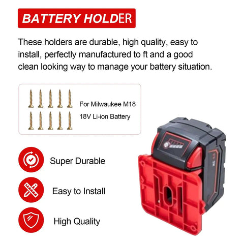 Battery holder for Milwaukee M18 18V Li-ion with screws, labeled as durable, easy to install, high quality on the packaging.