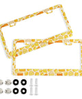 Hella Dope Yellow And Orange Cheese Design License Plate Frames 2 Pack Heavy Duty Stainless Steel Car Accessory with mounting bolts.