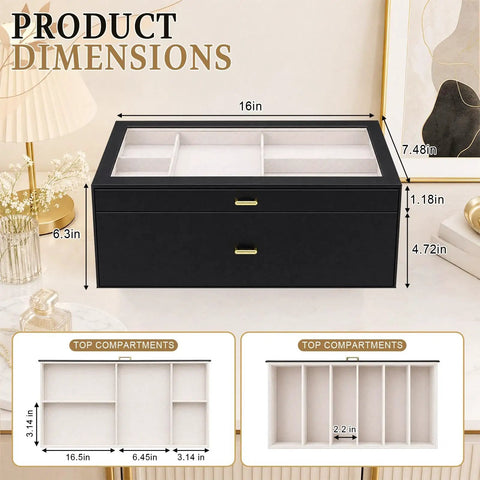 Product dimensions showing Premium Two Tier Black Belt Organizer With Spacious Drawer For Bedroom Closets, dimensions labeled in inches.