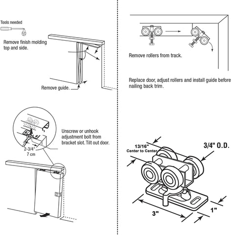 Installation guide for 3/4 Inch RV Pocket Door Hangers with Quad Rollers for 111/118F track, showing measurements and tools needed.
