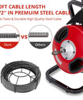 Heavy Duty Electric Drain Cleaning Machine Paired With A Badass Sewer Snake Auger showing 50ft steel cable and comparison.