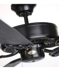 Close-up of the Summer Night 52 Inch Outdoor Ceiling Fan In Barbeque Black Finish With Five All Weather Blades Energy Star Light Kit Not Included