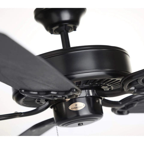 Close-up of the Summer Night 52 Inch Outdoor Ceiling Fan In Barbeque Black Finish With Five All Weather Blades Energy Star Light Kit Not Included