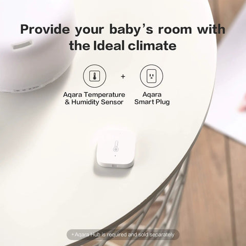 Zigbee Temperature And Humidity Sensor For Home Automation with Aqara Hub compatibility on a table with Aqara Smart Plug diagram