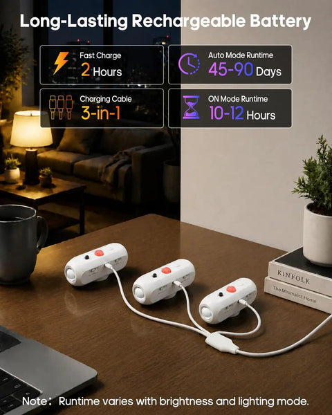 GOODEA RGB Wall Sconce, Rechargeable Motion Sensor Wall Light with Remote charging setup with three lights on a table.