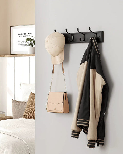 Black Finish Wall Mounted Coat Rack With Dual Metal Hooks Holds Coats Bags Keys In Entryway Bedroom Or Living Room 6.6 Lb Per Hook Load Capacity