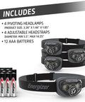 Vision HD Plus LED Headlamp Pro 4 Pack with adjustable headstraps and 12 AAA batteries, IPX4 water resistant