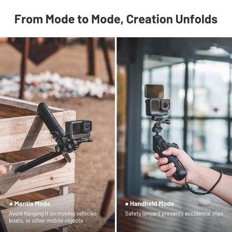 Image showing GoPro CapLock MantisPod Power 5000mAh Battery Grip Mount in Mantis and Handheld mode for GoPro and phone.