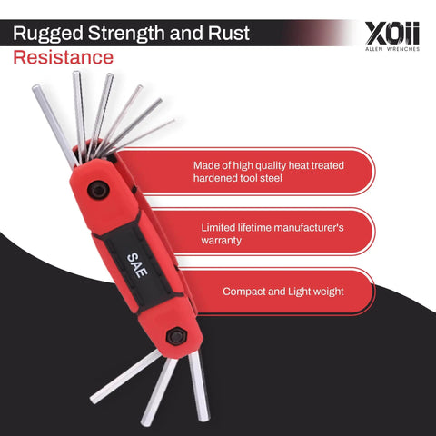 Red 17 Piece Folding Allen Wrench Set with SAE and Hex Keys displayed, showcasing compact design and durable multi-tool features