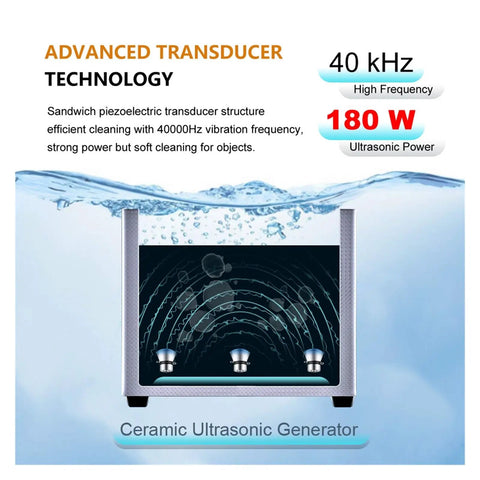 Advanced transducer technology in Heavy Duty 3 Liter Stainless Steel Ultrasonic Cleaner With 180 Watt Heating And Programmable Timer.
