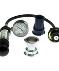 Pro Grade Radiator Pressure Tester For Engine Coolant Systems Up To 30 PSI With Safety Bleed Valve, includes gauge and hose.