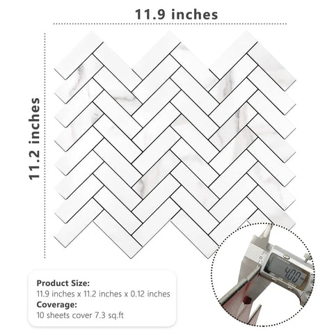 Peel And Stick Herringbone Kitchen Backsplash Tiles Self Adhesive Aluminum Composite PVC Marble White With Light Grey Veining