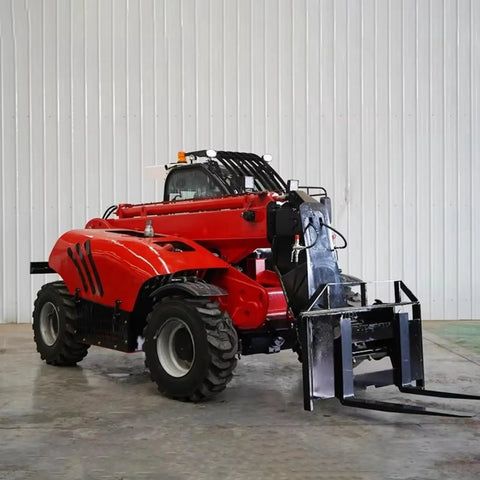 Versatile Telescopic Handler With Quick Attach System And Enclosed Brake For Warehouses Farms Or Industrial Job Sites featuring robust red design.
