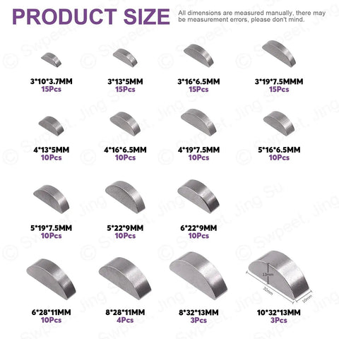 150Pcs Woodruff Keys Set In 15 Sizes 3mm 4mm 5mm 6mm 8mm 10mm Half Moon Semicircle Bond Keys For Fasteners And Mechanical Hardware Metric Assortment Kit For DIYers And Pros, arranged by size on white background