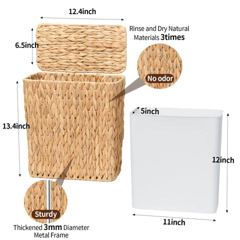 Top Notch Water Hyacinth Wicker Trash Can 3 Gallon Super Compact Bathroom Waste Basket With Secure Lid And Removable Liner No Fuss Fit For Tiny Baths And Cramped Rooms