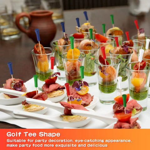 Multicolor Golf Tee Picks Set Of 500 For Appetizers And Party Decor Bamboo Toothpicks in use for cocktail snacks