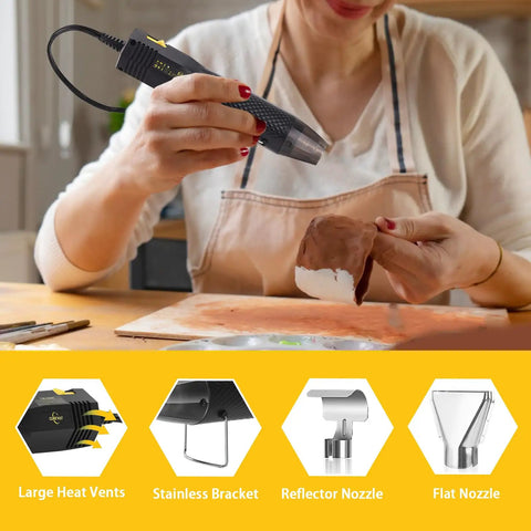 Mini Heat Gun With Dual Temp 350W High Power Go To Hot Air Tool being used for crafting, showing flex cable and nozzles