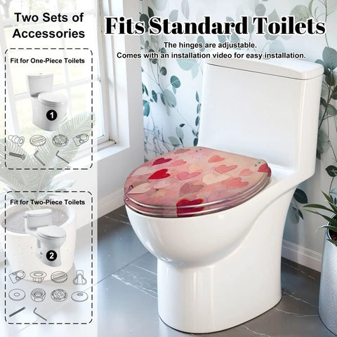Fun Elongated Toilet Seat Resin for Bathroom Use on standard toilet with heart design, featuring adjustable hinges.
