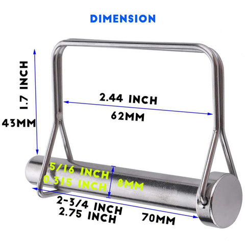 Image showing dimensions of 10 Piece Large Trailer Coupler Pin Set Heavy Duty Hitch Pin Locking Pin 5 Sixteenth Inch By Two And Three Quarter Inch 8x70mm Zinc Plated Carbon Steel Outdoor Use Rust Resistant And Secure Trailer Hitch.