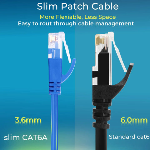 Close-up of Slim Cat6a Patch Cables 1ft 10 Pack with blue snagless design compared to standard cat6, highlighting cable thickness difference.