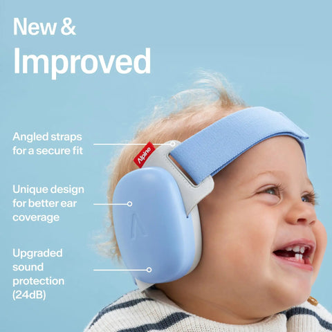 Smiling toddler wearing Extra Cozy Baby Ear Muffs For Smooth Airport Trips And Loud Concerts in blue, showcasing noise blocking features.