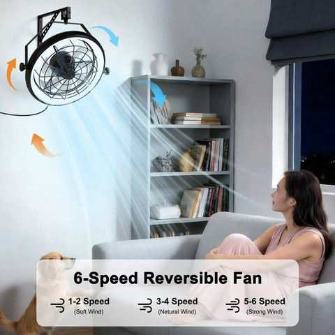 23 Inch Wall Mounted Fan With Light And Remote App Control, 6 Speeds, Quiet Operation shown in a living room installed on wall