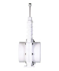 4-inch white PVC gate valve with slip hub ends and long stainless steel actuator rod, side view