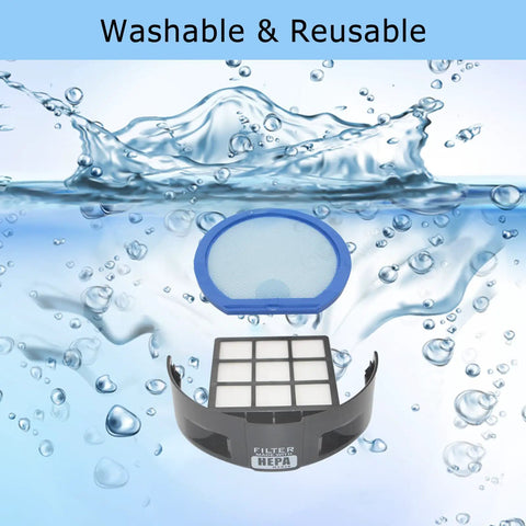 T Series WindTunnel Upright Vacuum Filter Kit with primary and HEPA filter, splash water background, Hoover compatible.