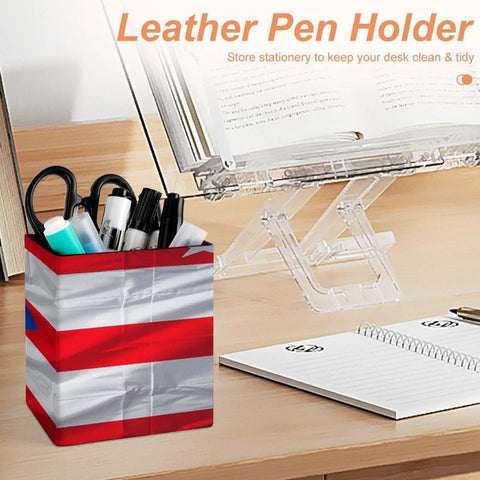 Puerto Rico Flag Pen Holder Desk Organizer with PU leather finish on a desk with stationery