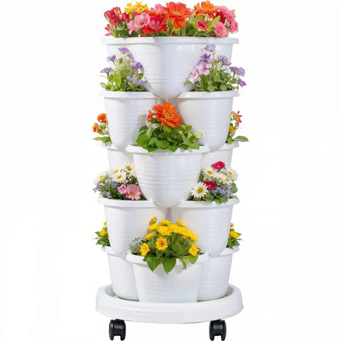 Five Tier Vertical Garden Planter With Wheels Self Watering Stackable Plant Stand for strawberries, herbs, flowers, vegetables