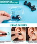 Instructions for using Bulk Pack Of Foam Ear Plugs For Work And Travel With 33dB NRR Noise Reduction, individually wrapped black plugs.