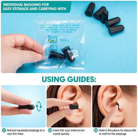 Instructions for using Bulk Pack Of Foam Ear Plugs For Work And Travel With 33dB NRR Noise Reduction, individually wrapped black plugs.
