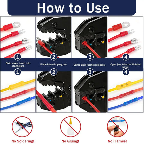 All In One 1520Pcs Electrical Crimp Connectors Kit usage steps with crimping tool, terminals, and color-coded wires.