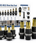 Carbon Steel Rivet Nut Tool Kit With M3 To M12 Mandrel Head And Rivnut Set For Thin Sheet Metal And Tubing, Heavy Duty Built To Last Pro Grade Fasteners, Dual Bearing Design For Smooth, Reusable Threaded Inserts, M3-M12 heads shown