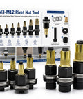 Heavy Duty Carbon Steel Rivet Nut Tool Kit With M3 To M12 Mandrels and Rivnut Sockets displayed with various sizes for sheet metal.