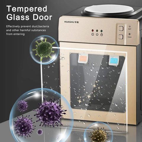 Champagne Gold 3 In 1 Water Dispenser With Ice Cold Hot And Room Temp Water Mini Desktop Water Cooler with tempered glass door