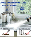 1700W power pressure steam cleaner in action, releasing steam on kitchen surface to tackle tough stains and debris.