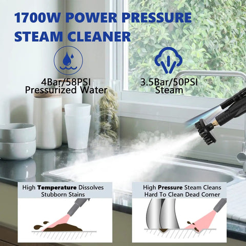 1700W power pressure steam cleaner in action, releasing steam on kitchen surface to tackle tough stains and debris.