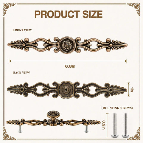 Antique Brass Cabinet Knobs And Pulls Set 5 Inch Hole Center Hollow Out Decorative Hardware front and back view with screws.