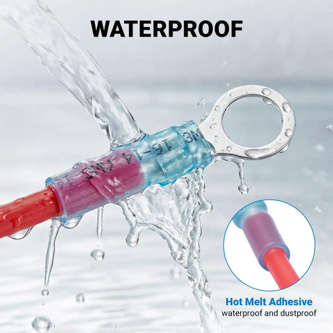 Marine Grade Heat Shrink Ring Terminal Kit waterproof connector with adhesive lining under water splash, heavy duty for boats and RVs.