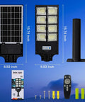 Components of Beefy 800W Solar Street Light With 80000 Lumens displayed: solar panel, LED light, pole mount, remote control, and accessories
