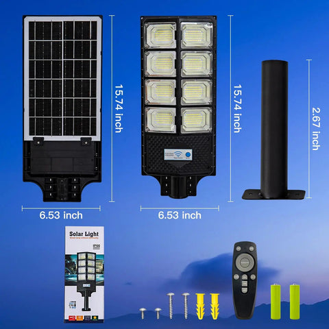 Components of Beefy 800W Solar Street Light With 80000 Lumens displayed: solar panel, LED light, pole mount, remote control, and accessories